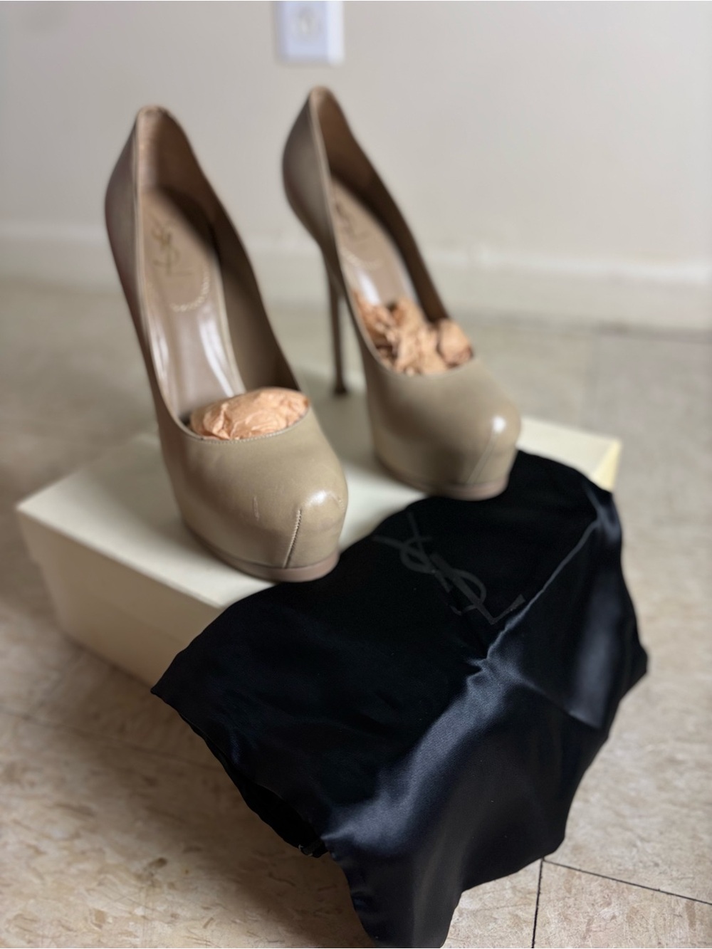 Yves Saint Laurent Taupe-Beige Platform Peep-Toe Stilettos